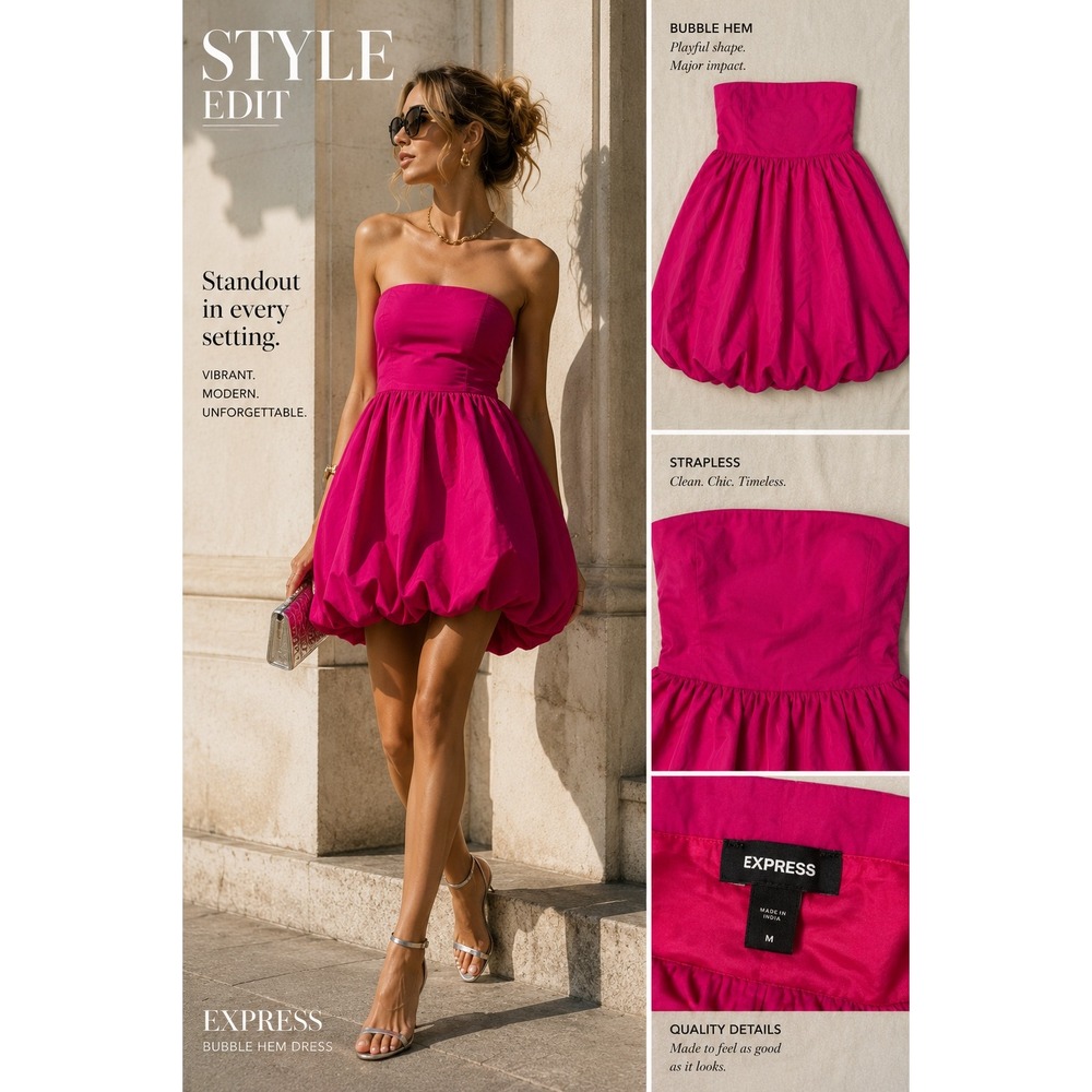 Express Strapless‎ Bubble Hem Dress Pink Barbiecore Dopamine Party Dress M